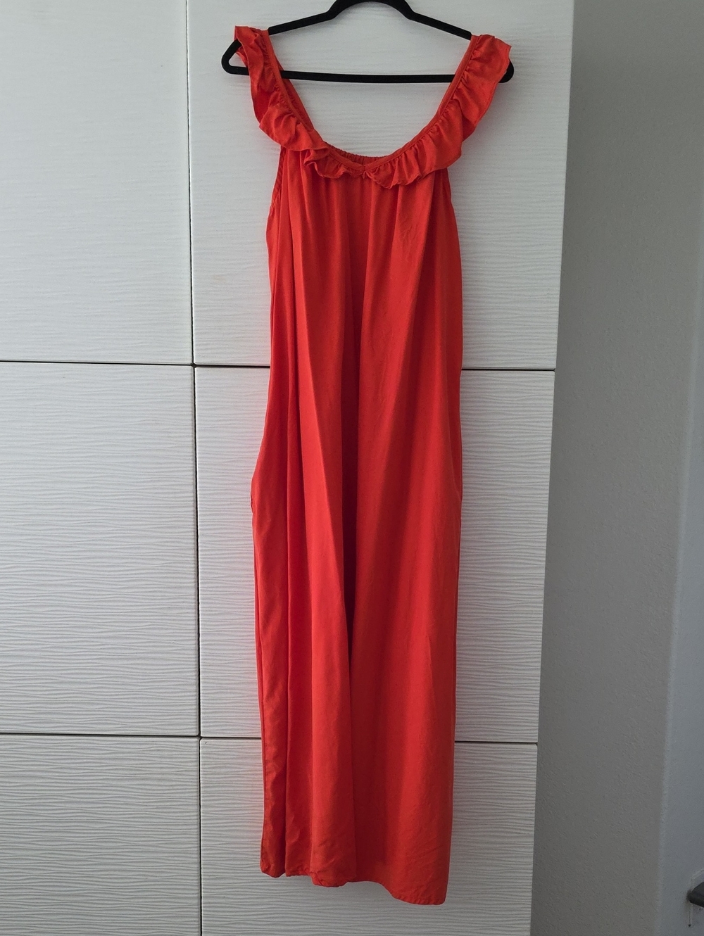 Women’s Burnt Orange Red Maxi Dress with Ruffle Scoop Neck